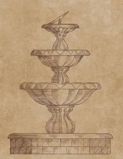 sketch of a fountain topped with a sundial