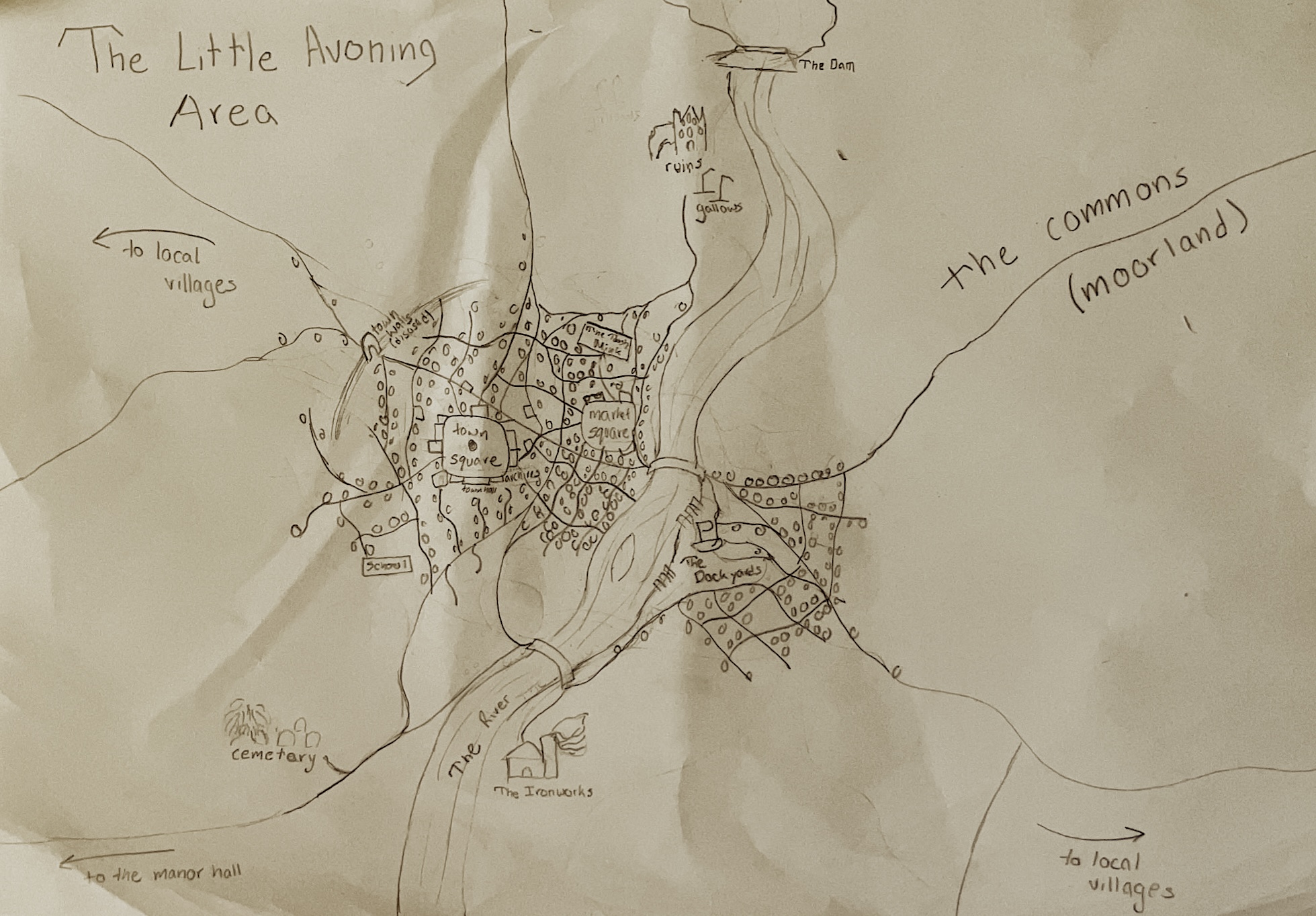 A hand-drawn map of the Little Avoning Area. The bulk of the town is to the left of the river, including the town square, the market square, and the Toasty Mink. They are connected by two bridges to the docks and further buildings on the right hand side. Further downriver is the Smithy on the right bank and the cemetery on the left bank. Upriver is the dam, only slightly above the gallows, which are right next to the ruins. Arrows pointing to the top left and bottom right corners indicate "to local villages". An arrow in the bottom left indicates "to the manor hall". The top right is labled "the commons/moorland". 