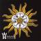 a uniform emblem, comprising of a white rose surrounded by yellow sunbeams on black fabric